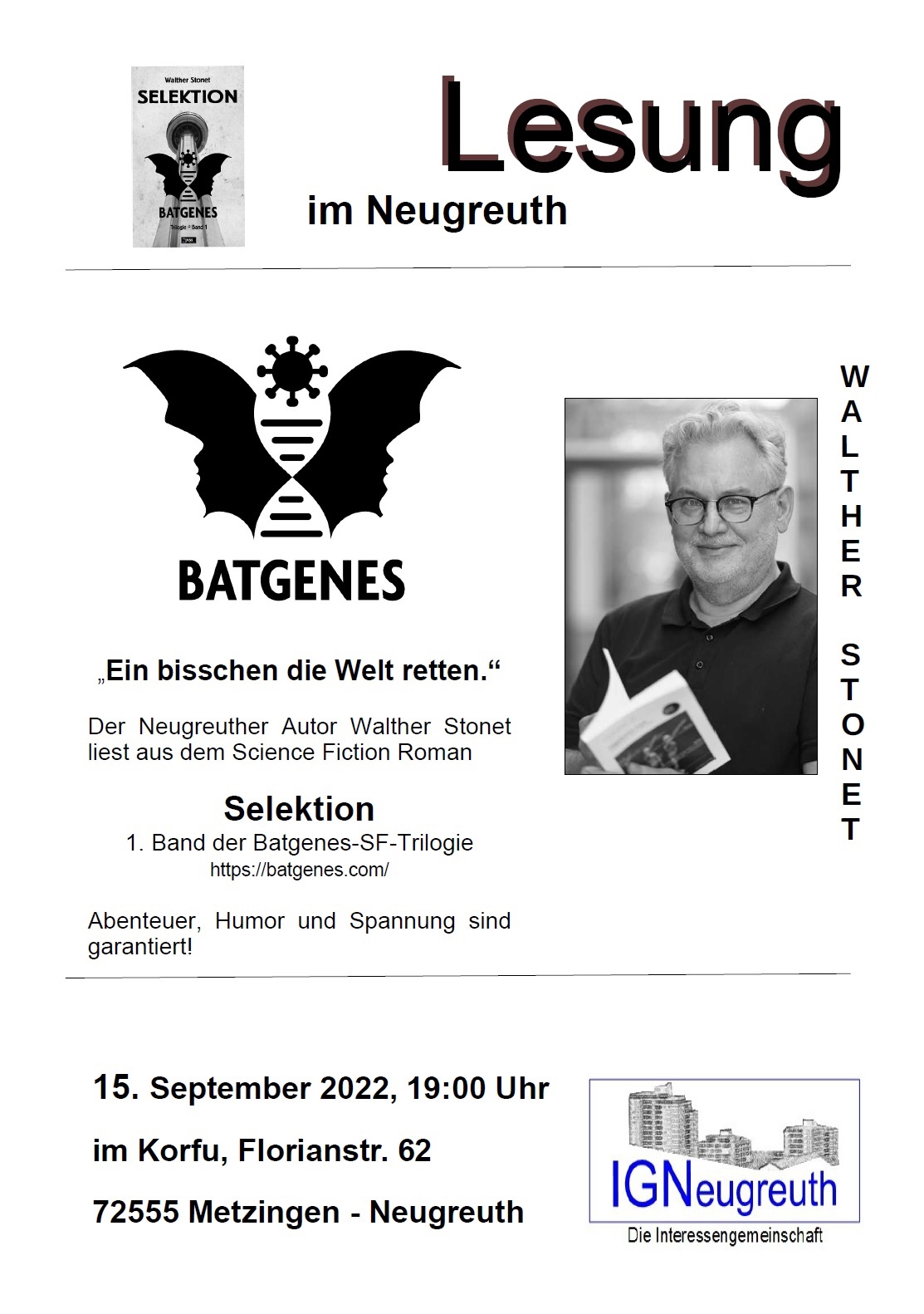 15.09.2022 19 Uhr: 2. Science Fiction Lesung der IGN Neugreuth im Restaurant Corfu Metzingen-Neugreuth